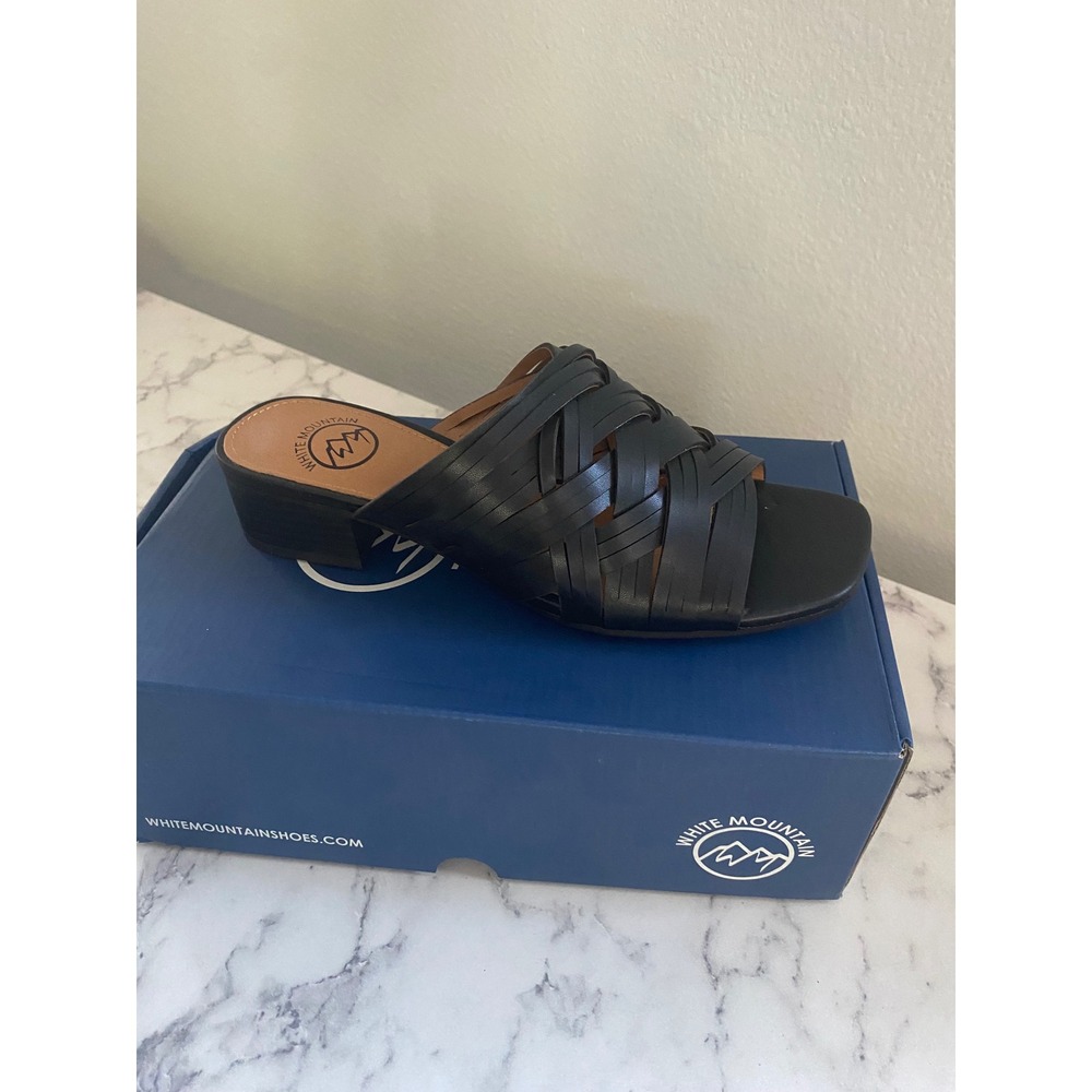 White Mountain Alluvia Black Woven Block Heel Slide Sandals Mules W35232-005 7.5